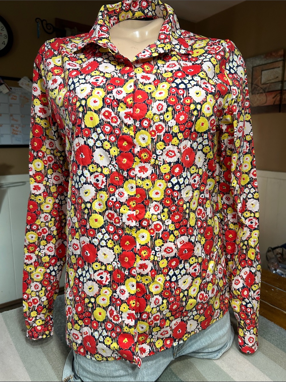 Kate Spade Saturday Red Floral Long-Sleeve Button-Down Shirt Size Small